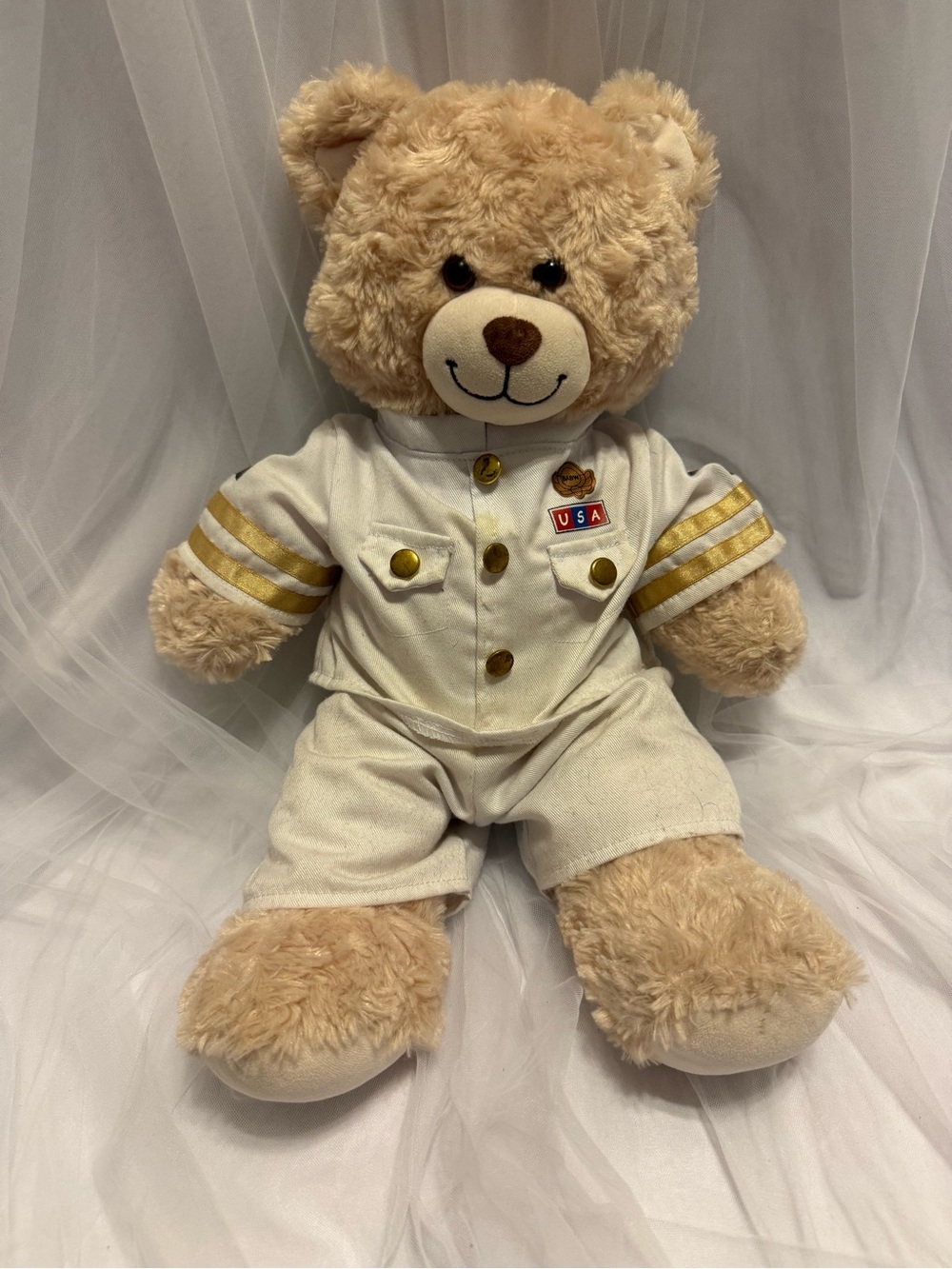 Vintage Build-A-Bear Cream Pilot Bear with Gold Accents and USA Patch.